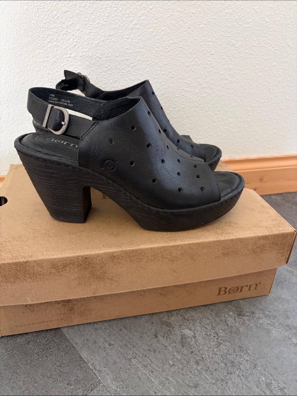 Born Black Leather Perforated Peep-Toe Slingback Heels